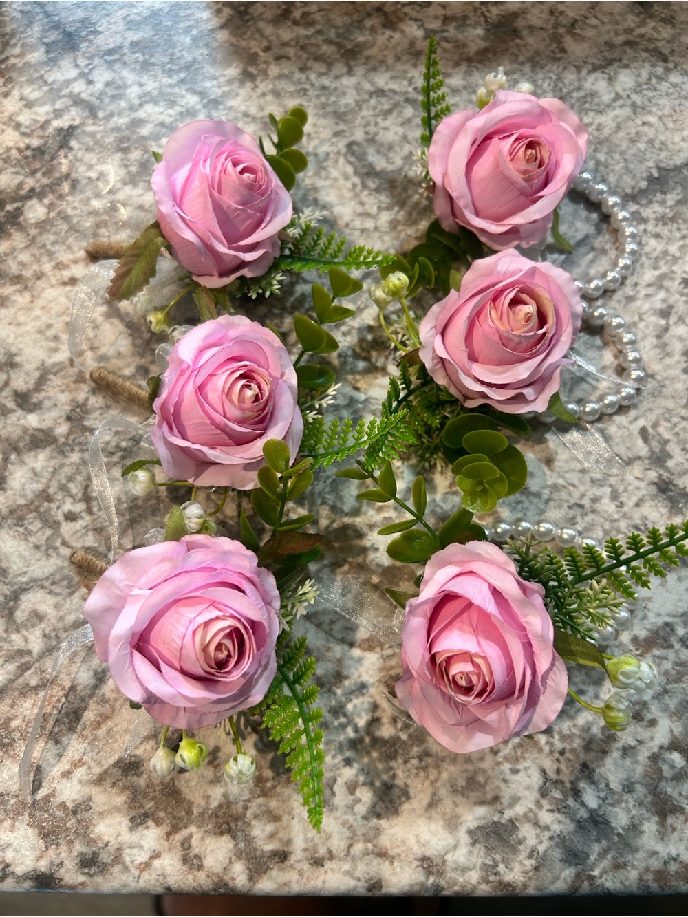 3- Pink Artificial Rose Boutonniere & Corsage Sets with Greenery